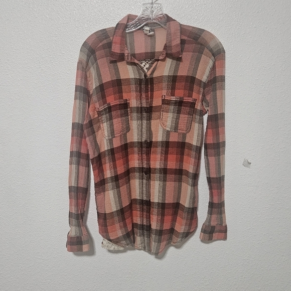 Free People plaid top with open knit back size small - Picture 1 of 14